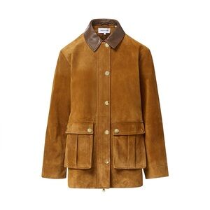 Veronica Beard Suz Suede Utility Jacket with Leather Collar - Color Whisky